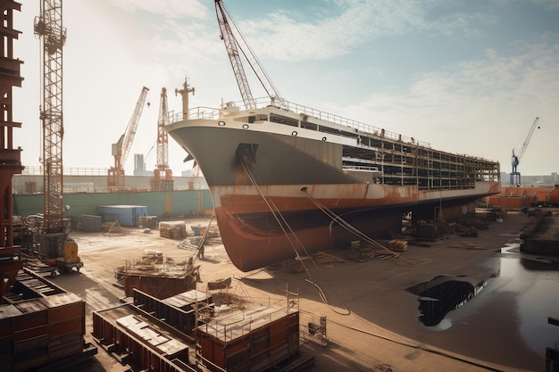 Shipyard with workers installing equipment and fitting out newly constructed ship