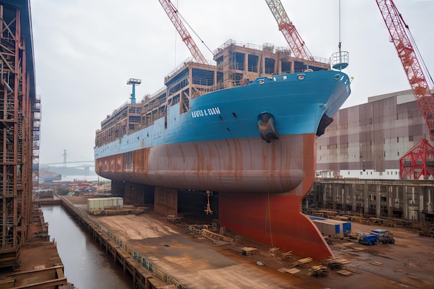 Shipyard with workers installing equipment and fitting out newly constructed ship