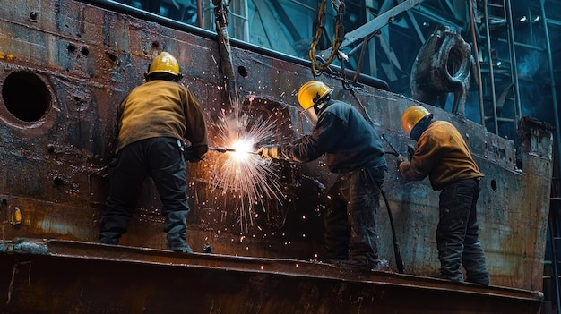 Photo shipyard workers cutting metal with sparks