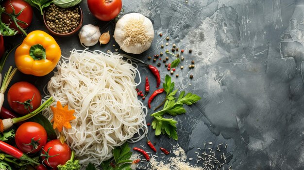 Shirataki noodles with vegetables and spices on grey table top view