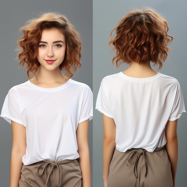 Shirt design and people concept closeup of young girl in blank white tshirt front and rear isolated