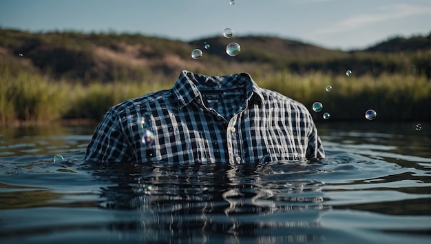 a shirt floating in the water with bubbles