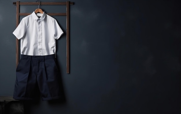 A shirt and shorts on a hanger with a blue shirt and shorts.