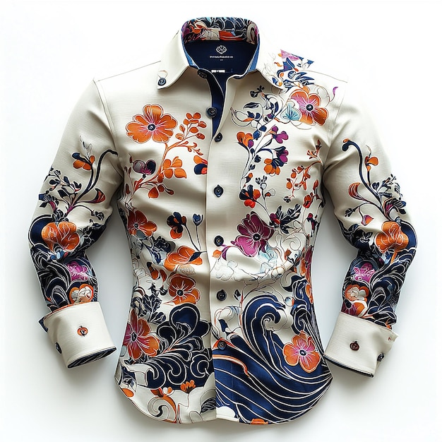 a shirt with a floral pattern on it is displayed on a white background