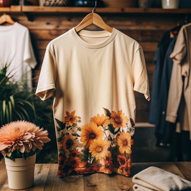 Photo a shirt with flowers on it is hanging on a hanger