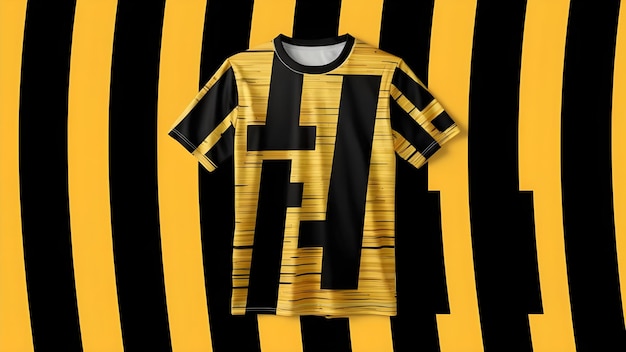 a shirt with the word t on it is on a black and yellow striped background