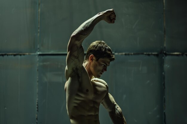 Photo a shirtless man showcasing his muscular physique by flexing his muscles in a dark room display of physical prowess in the upper body