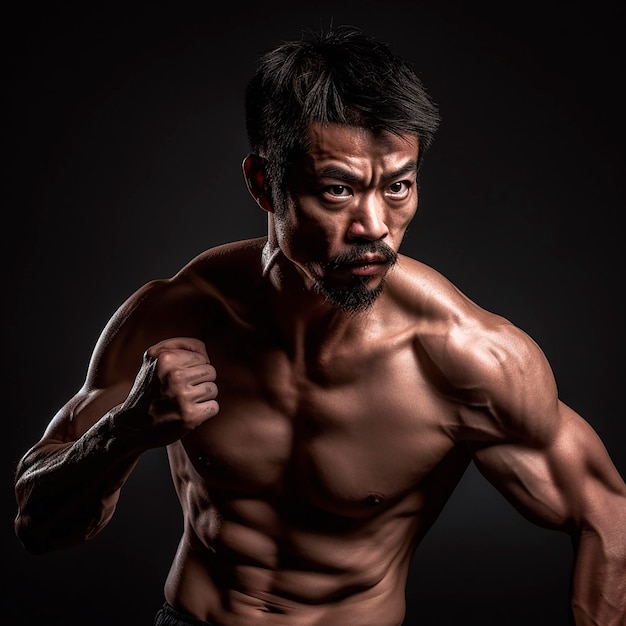 Shirtless man standing confidently posing for photograph while showcasing his physique and facial