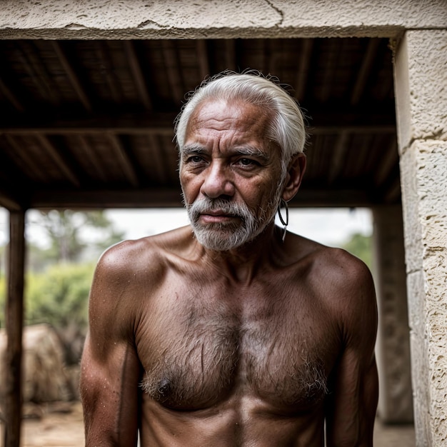 A shirtless man with a beard is standing in front of a building