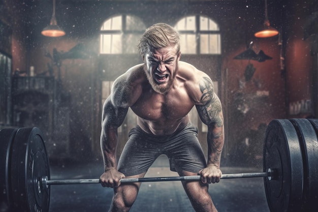 Shirtless muscular man deadlifting weights in gym