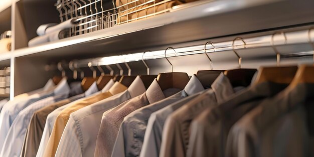 Shirts and ties hanging on a metal hanger Concept Fashion styling Wardrobe organization Menswear accessories Closet essentials