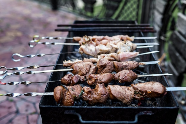 Shish kebab of elite veal skewered on a grill closeup outdoors