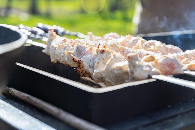 Shish kebab made from chicken and cooked on barbecue grill Traditional barbecue picnic food