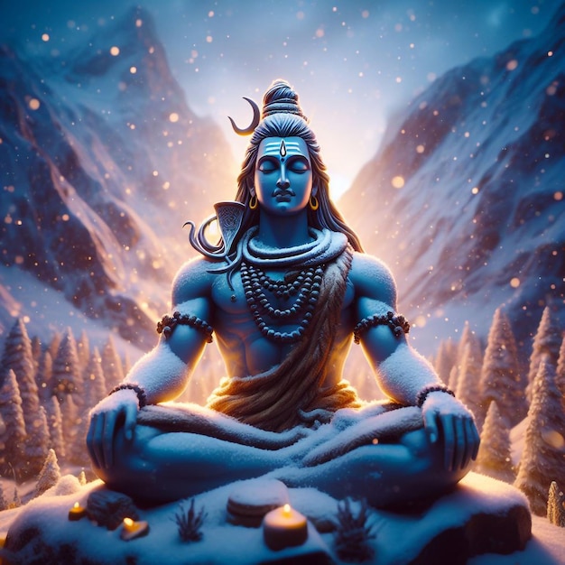 Shiva meditating in snowy mountain pixar style