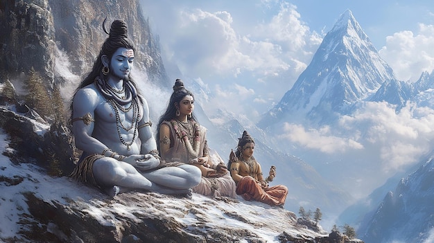 Shiva with his family Parvati Ganesha and Kartikeya sitting peacefully on Mount Kailash with a serene backdrop of the Himalayas