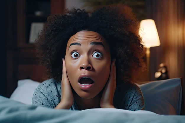 Shocked african american young woman laying in bed and looking at alarm on bedside table in bedroom