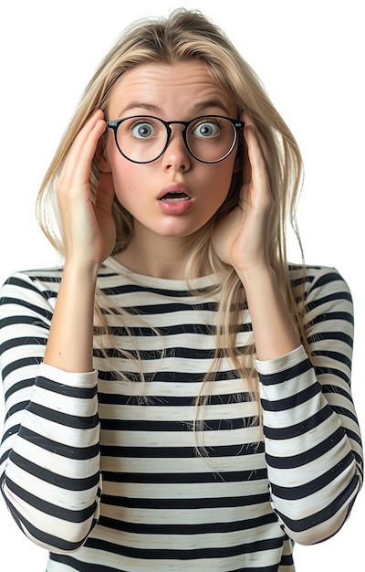 Photo a shocked blonde woman in glasses holds her head with both hands staring at the camera