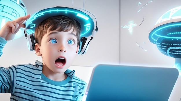 Shocked boy plays with online ufo videogames concept of technology and entertainment