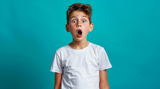 Shocked Boy in White TShirt Mockup with Turquoise Background