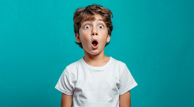 Shocked Boy in White TShirt Mockup with Turquoise Background