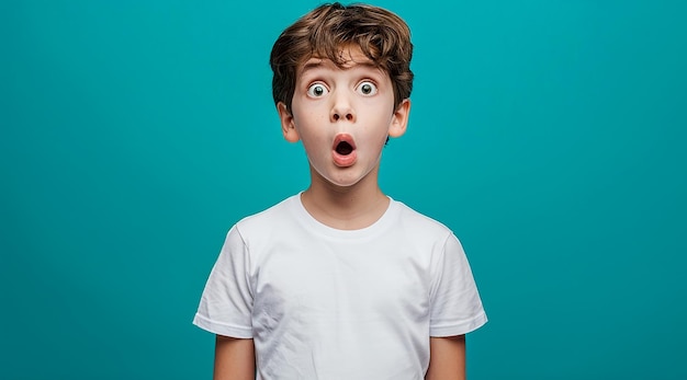 Shocked Boy in White TShirt Mockup with Turquoise Background