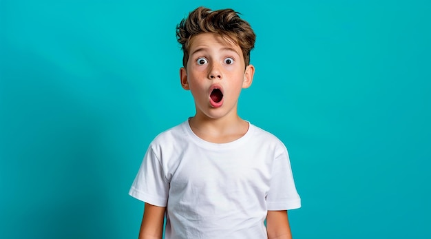 Shocked Boy in White TShirt Mockup with Turquoise Background