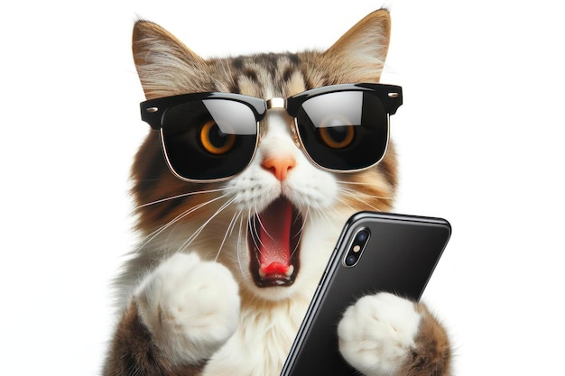 Shocked cat in sunglasses holding smartphone on white background