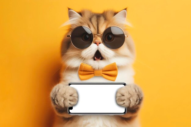 Shocked cat in sunglasses holding smartphone with white mockup screen on solid yellow background ai generative