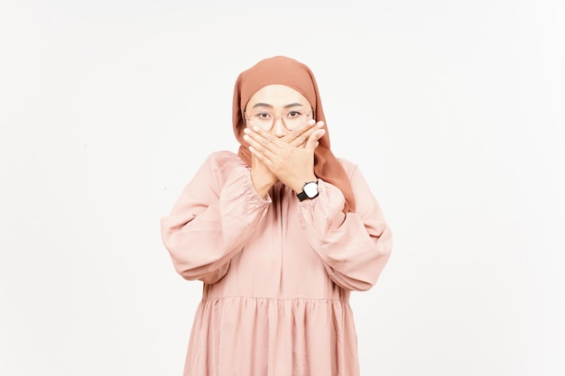 Shocked and Covering mouth of Beautiful Asian Woman Wearing Hijab Isolated On White Background