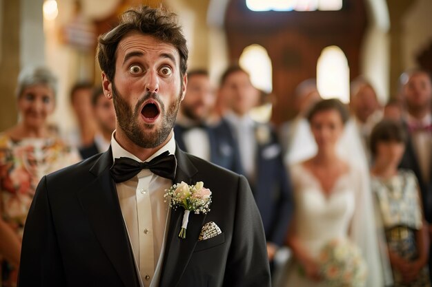 Photo shocked groom with wide eyes at wedding ceremony