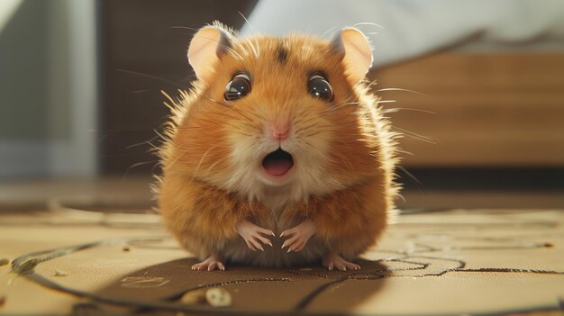 Photo shocked hamster with big eyes in a room