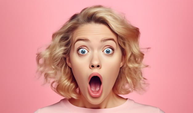 Photo shocked impressed blond woman lady with mouth wide open in surprise reaction