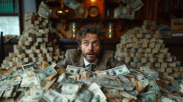 A shocked man sits at an office table surrounded by falling dollars