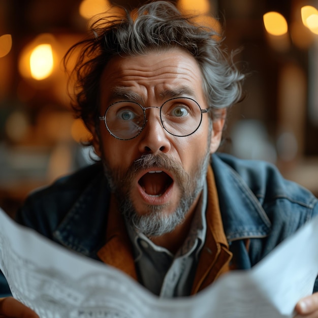 Shocked middleaged Caucasian man tousled hair glasses reading paper cafe