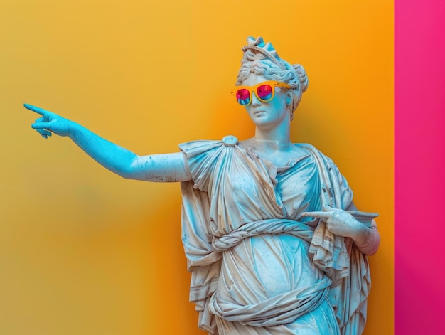 shocked and scream beautiful white plaster statue of Greek woman wear cool sunglasses pointing fing