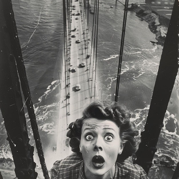 Photo shocked woman on a bridge capturing a moment of surprise