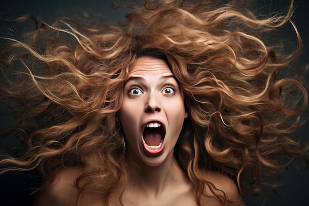 Photo shocked woman with flowing hair