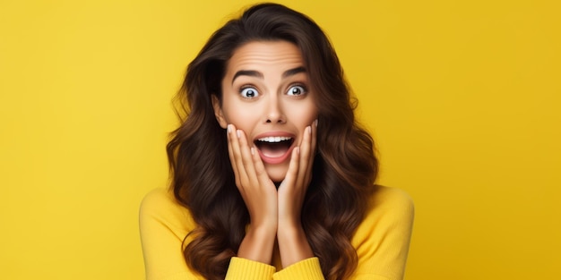 Shocked woman with hands on cheeks open mouth wide eyes Concept of shock unexpected news pleasant sale or offer joyful reaction promotional content Yellow backdrop Wide banner Copy space