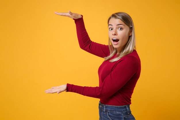 Shocked young blonde woman girl in casual clothes posing isolated on yellow orange wall background. People lifestyle concept. Mock up copy space. Gesturing demonstrating size with vertical workspace.