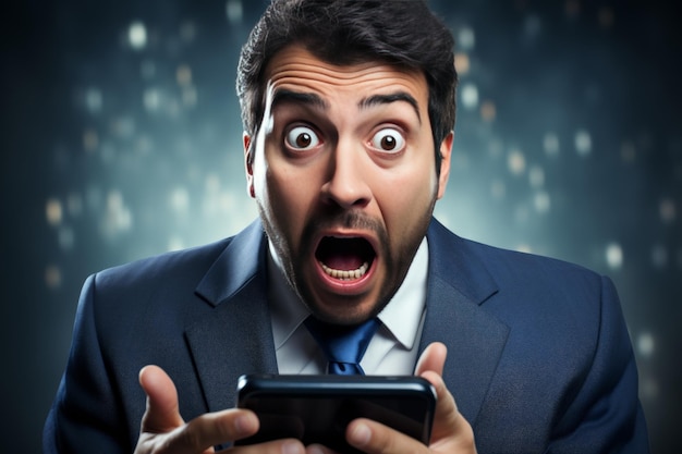 Shocked young man in a formal jacket looking at his phone screen with a surprised expression