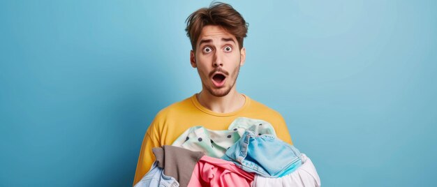 Shocked young man overwhelmed with a pile of laundry embodying domestic chores