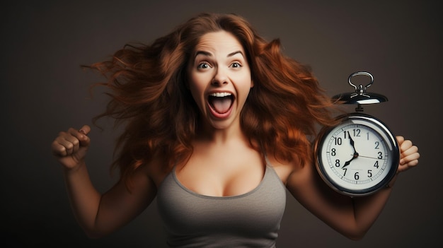 shocked young woman with alarm clock