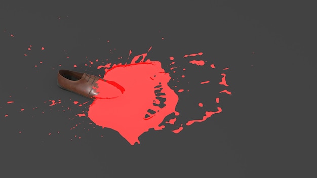 Photo shoe covered with red paint in the form of a blot, 3d illustration