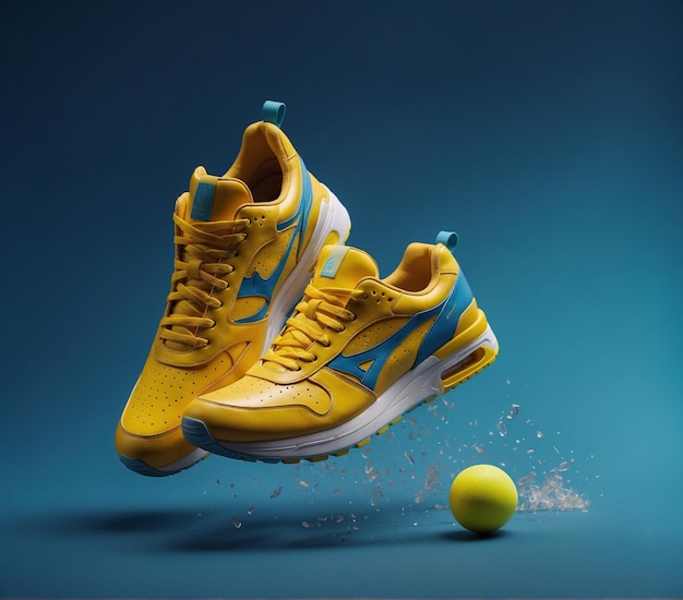 shoe mockup and a pair of yellow shoes with blue and white stripes and a tennis ball in the air