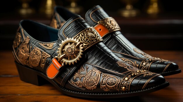 Photo a shoe with a gold and black leather belt and a black leather belt