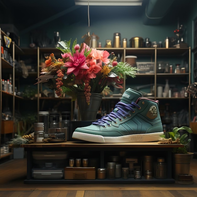 a shoe with purple laces sits on a table