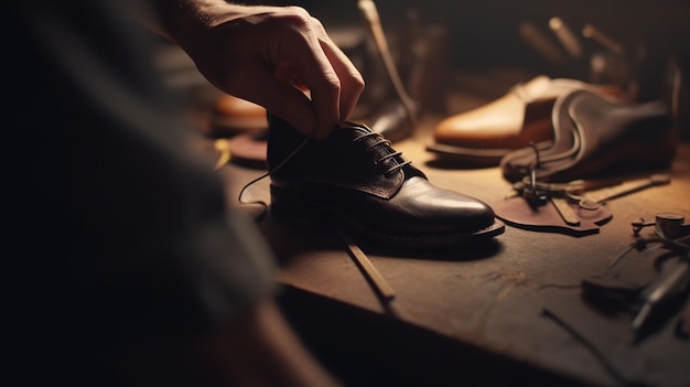 A shoemaker is working on a shoe in a workshop.