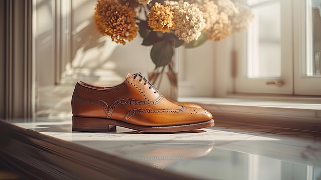 Shoes on floor with flower pot in background