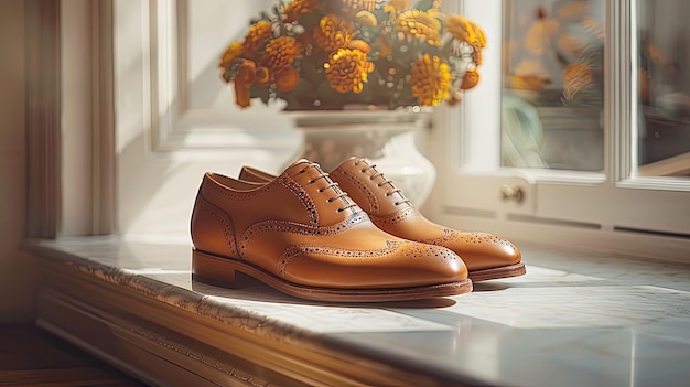 Shoes on floor with flower pot in background