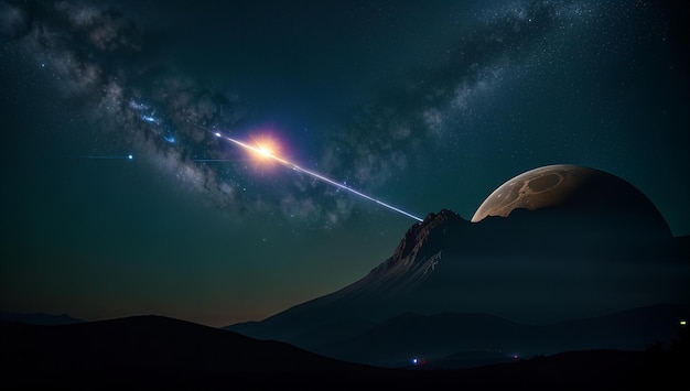 Photo a shooting star is in the sky above a mountain